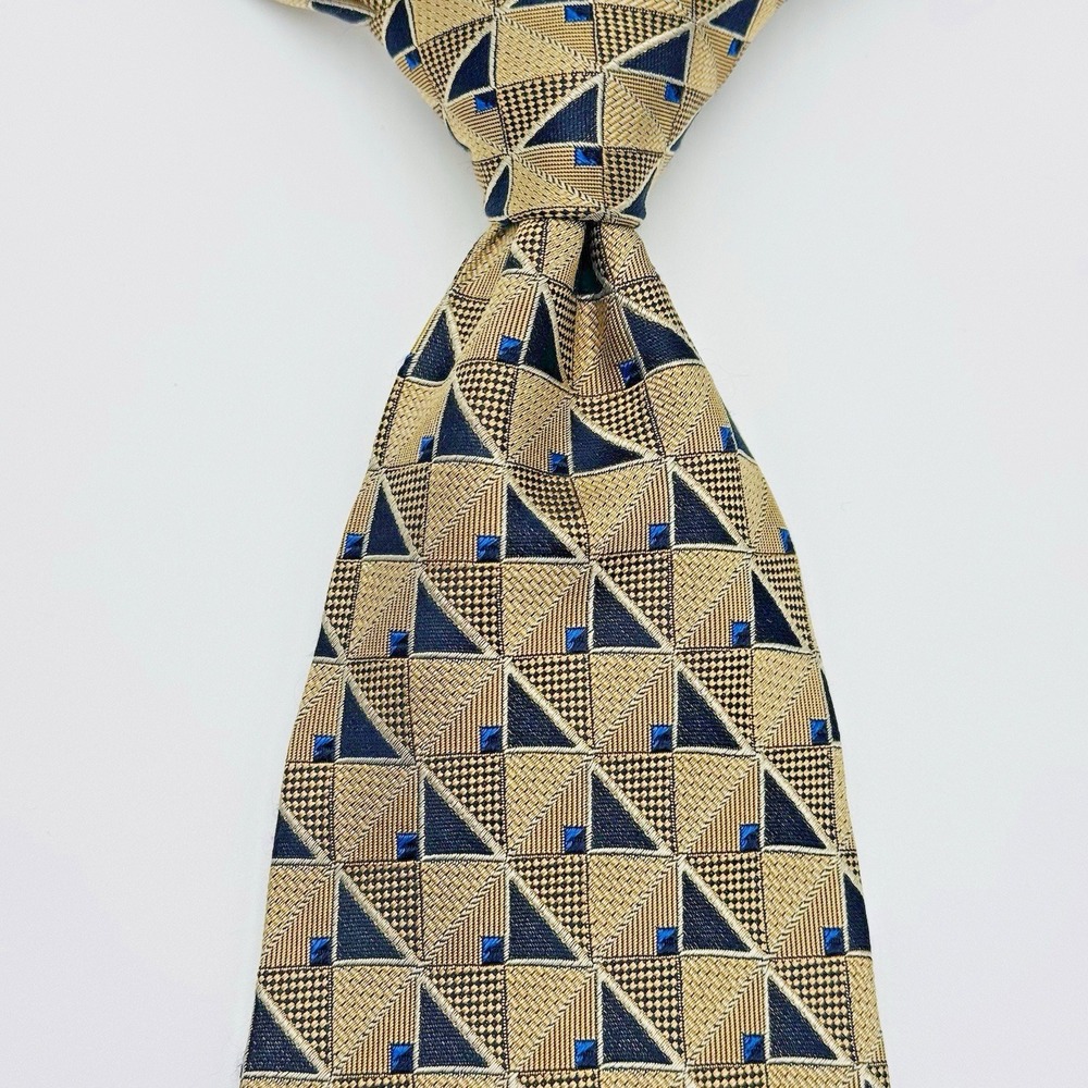 Robert Villini Silk Tie Men 60"x3.75 Gold Blue Jacquard Gingham‎ Hand Made